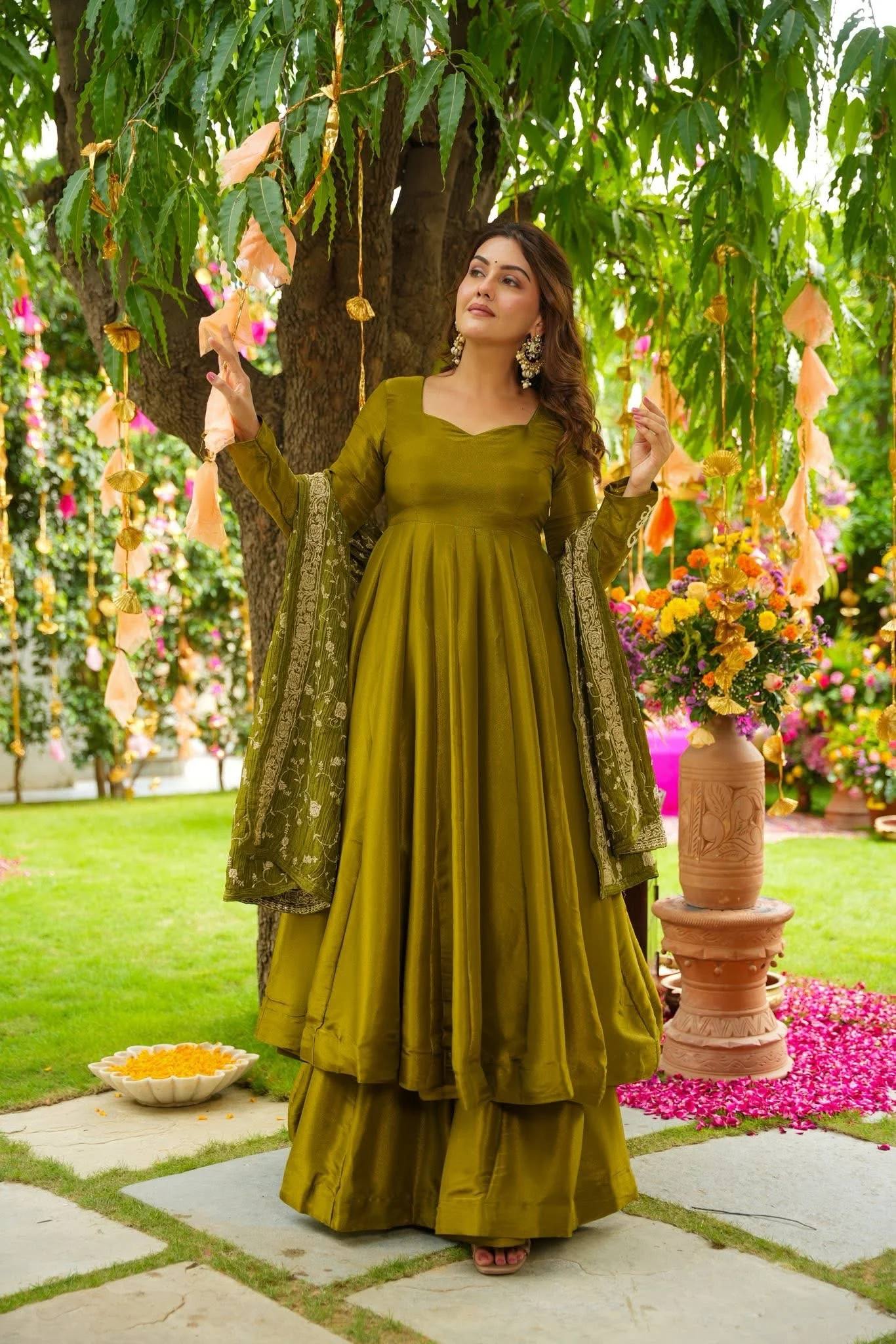Wedding Wear Mahendi Green Color Embroidery Work Designer Gown Set