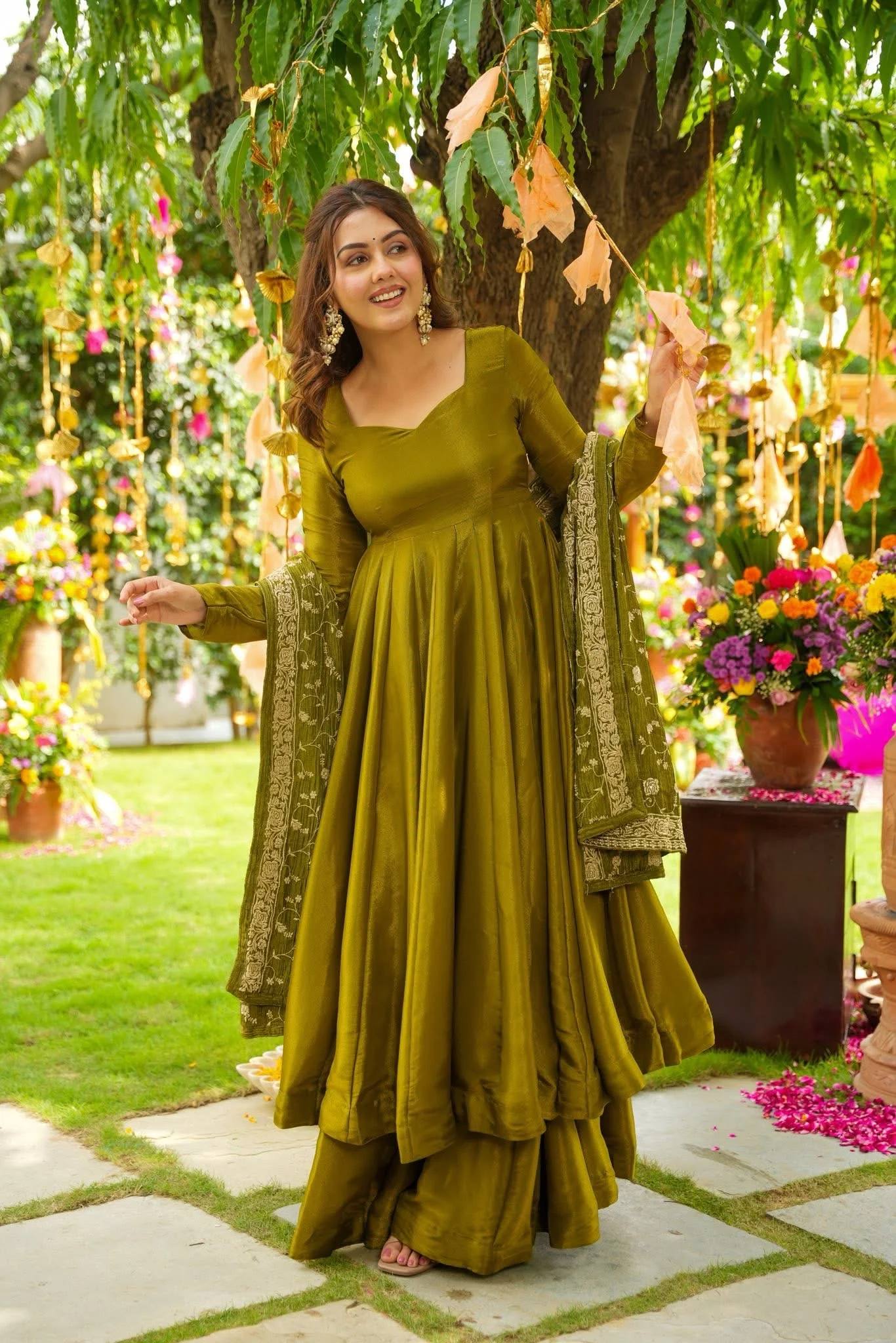 Wedding Wear Mahendi Green Color Embroidery Work Designer Gown Set