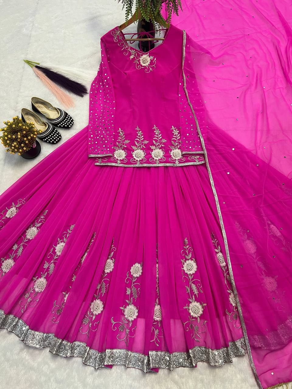 Gorgeous Pink Color Embroidered Top With Designer Lehenga