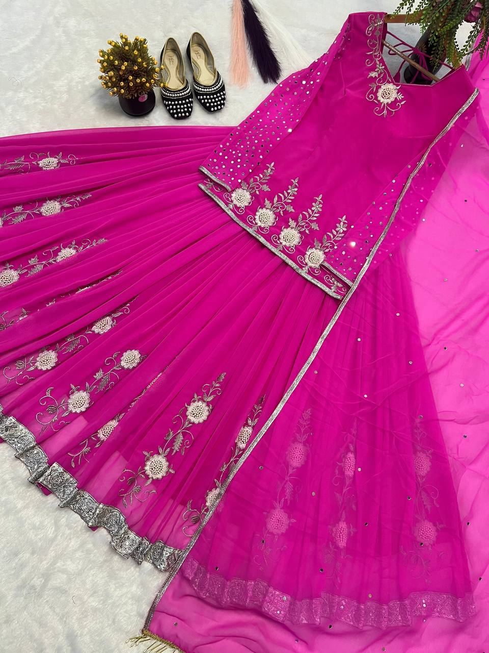 Gorgeous Pink Color Embroidered Top With Designer Lehenga