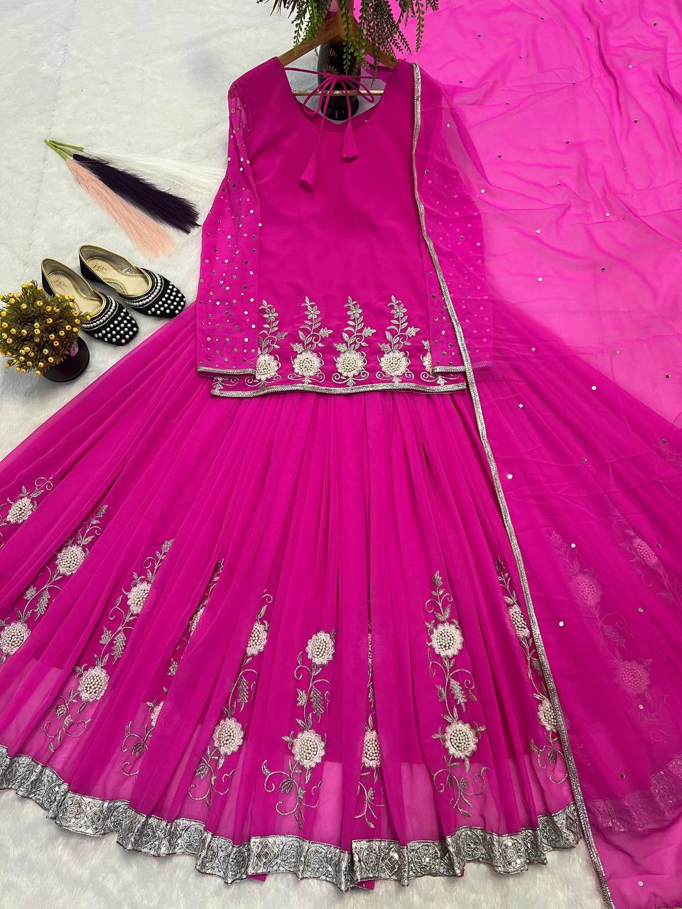 Gorgeous Pink Color Embroidered Top With Designer Lehenga