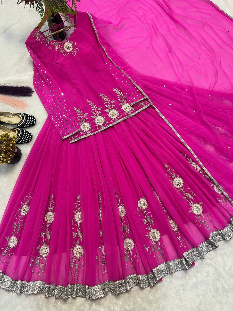 Gorgeous Pink Color Embroidered Top With Designer Lehenga