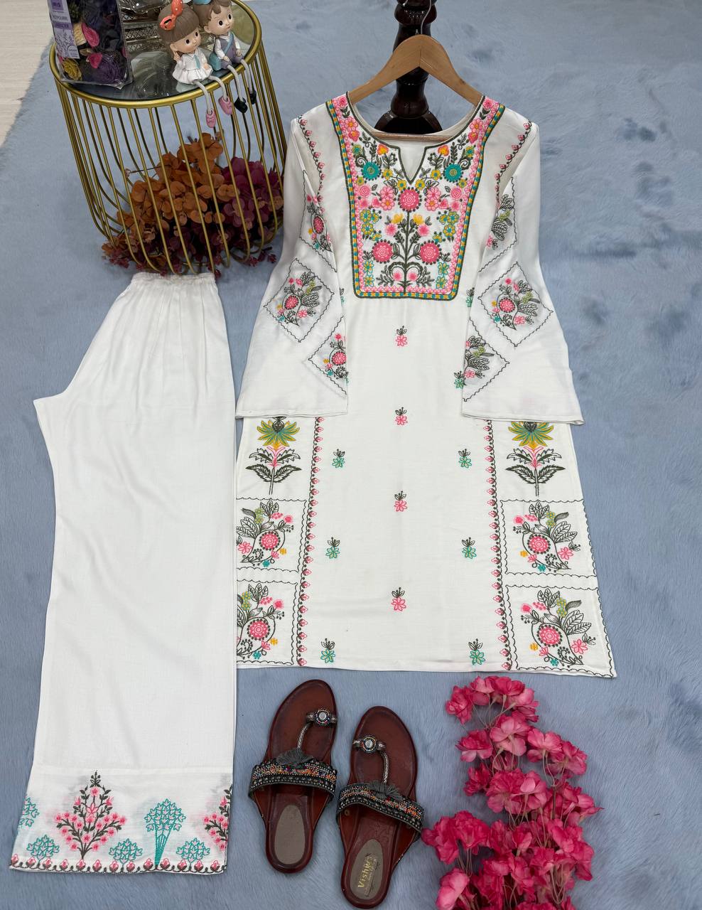 Exclusive White Color Heavy Rayon Silk With Heavy Embroidery Work Palazzo Suit