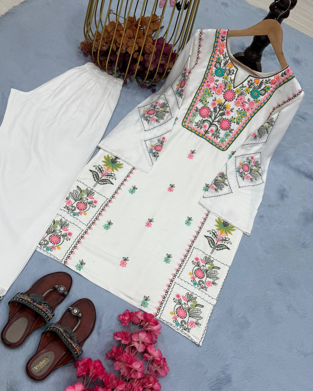 Exclusive White Color Heavy Rayon Silk With Heavy Embroidery Work Palazzo Suit