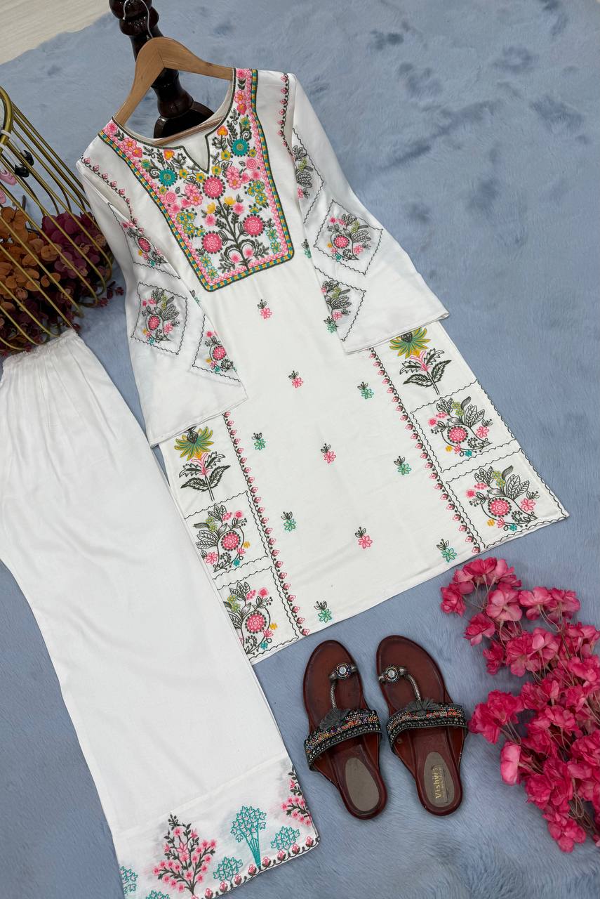 Exclusive White Color Heavy Rayon Silk With Heavy Embroidery Work Palazzo Suit