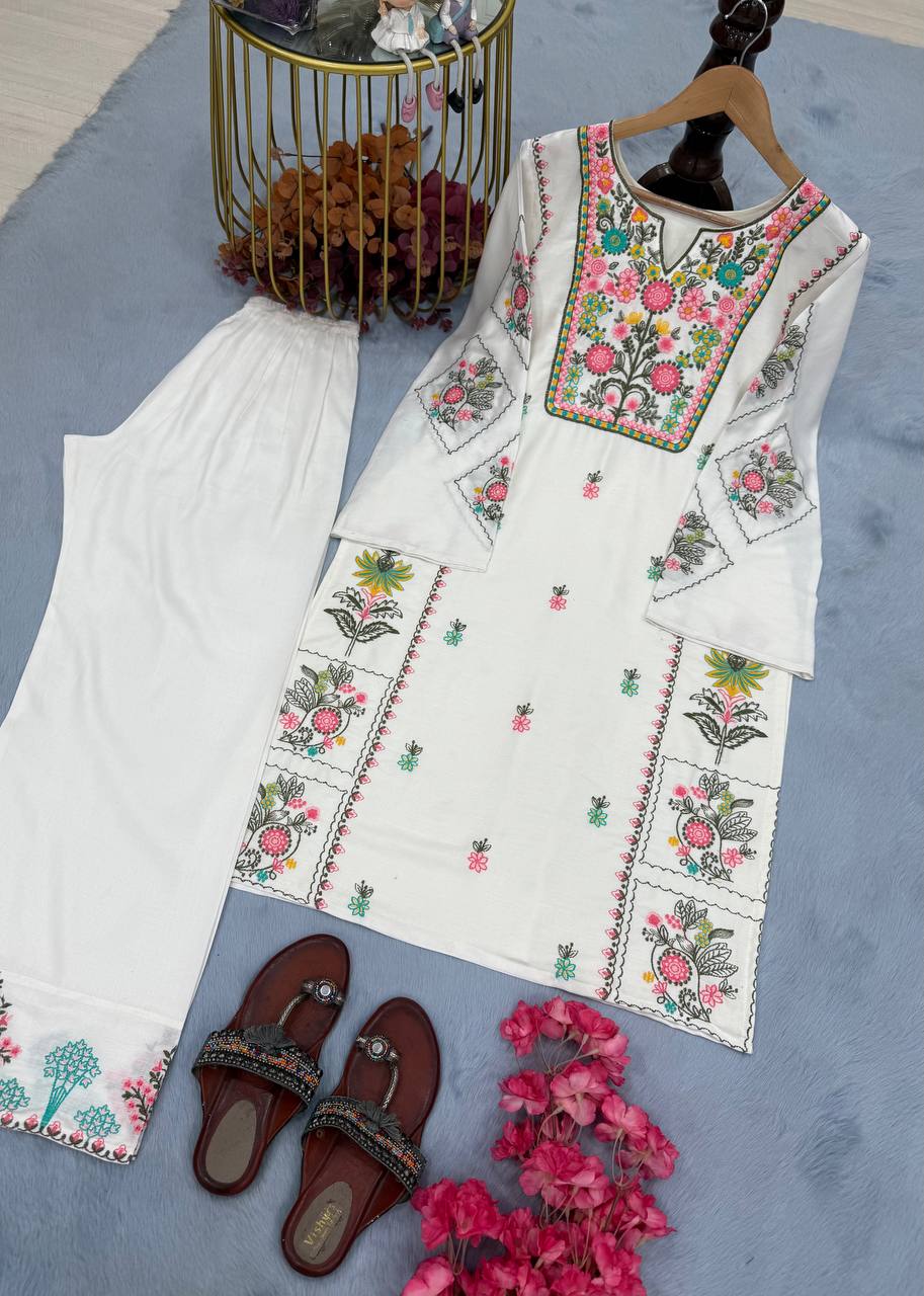 Exclusive White Color Heavy Rayon Silk With Heavy Embroidery Work Palazzo Suit