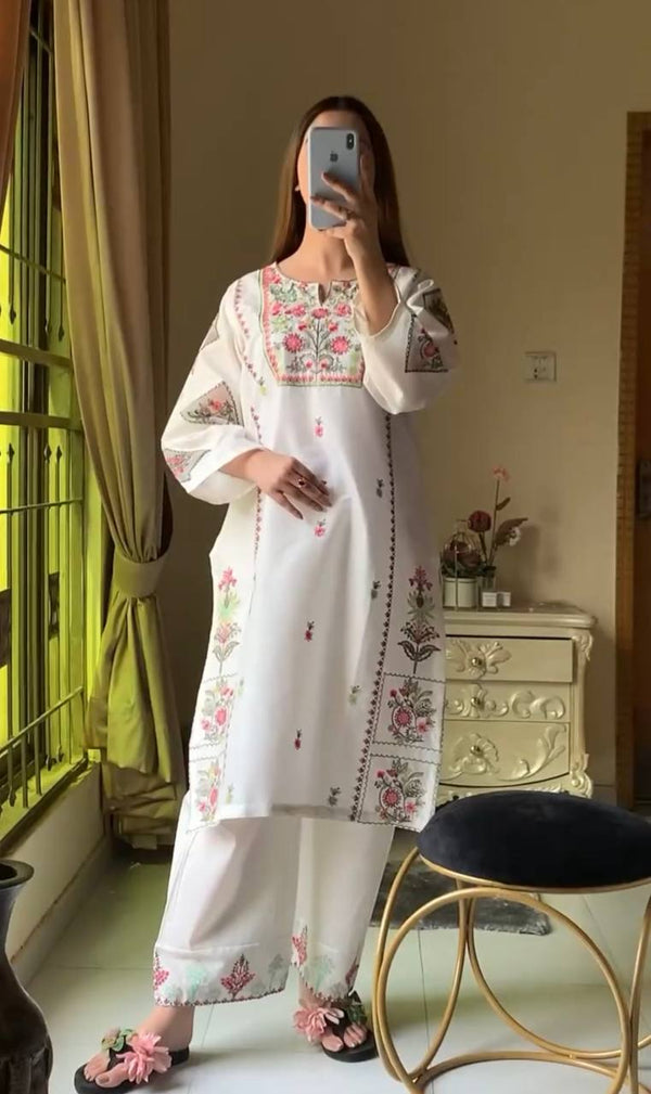Exclusive White Color Heavy Rayon Silk With Heavy Embroidery Work Palazzo Suit