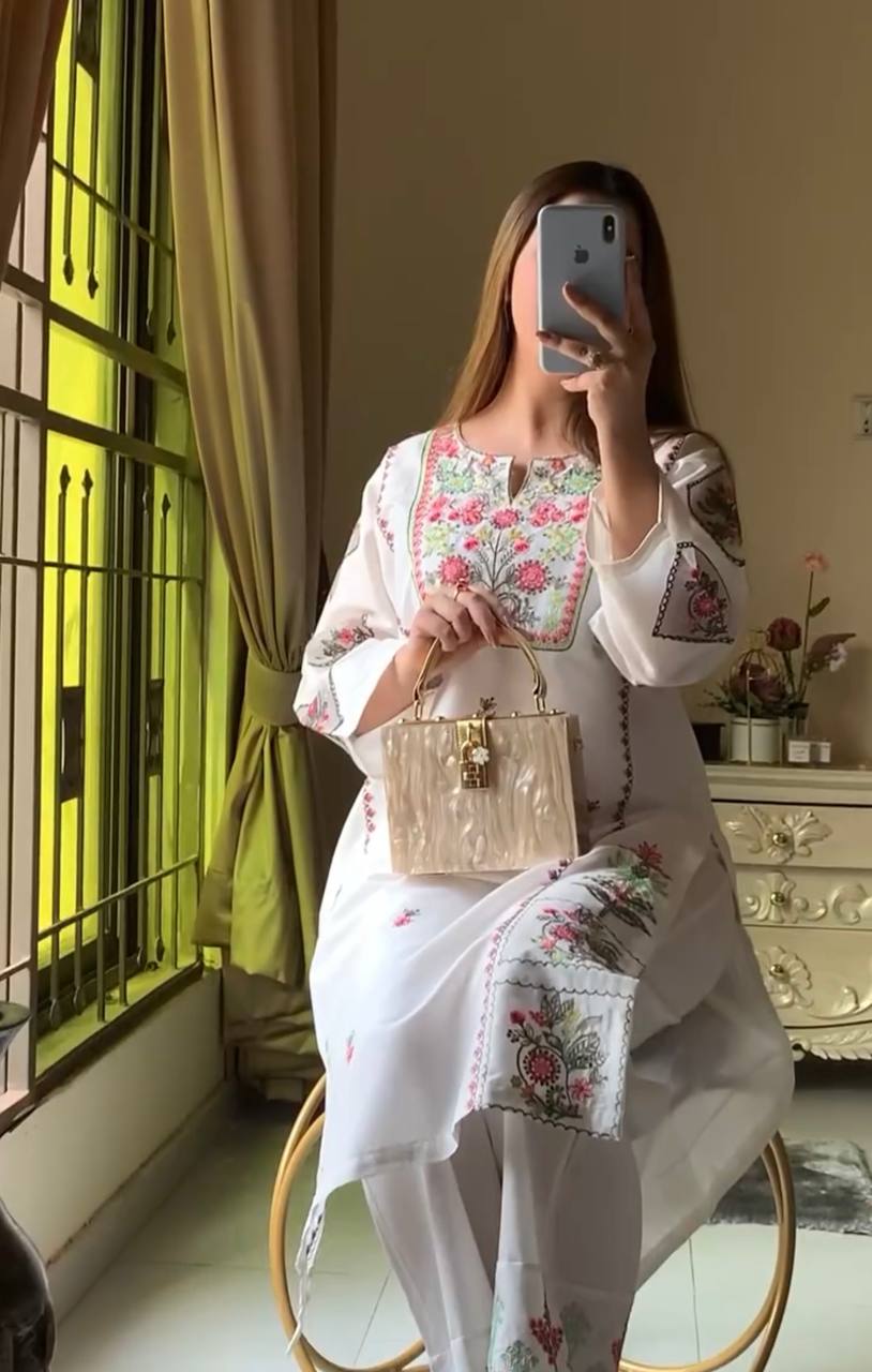 Exclusive White Color Heavy Rayon Silk With Heavy Embroidery Work Palazzo Suit