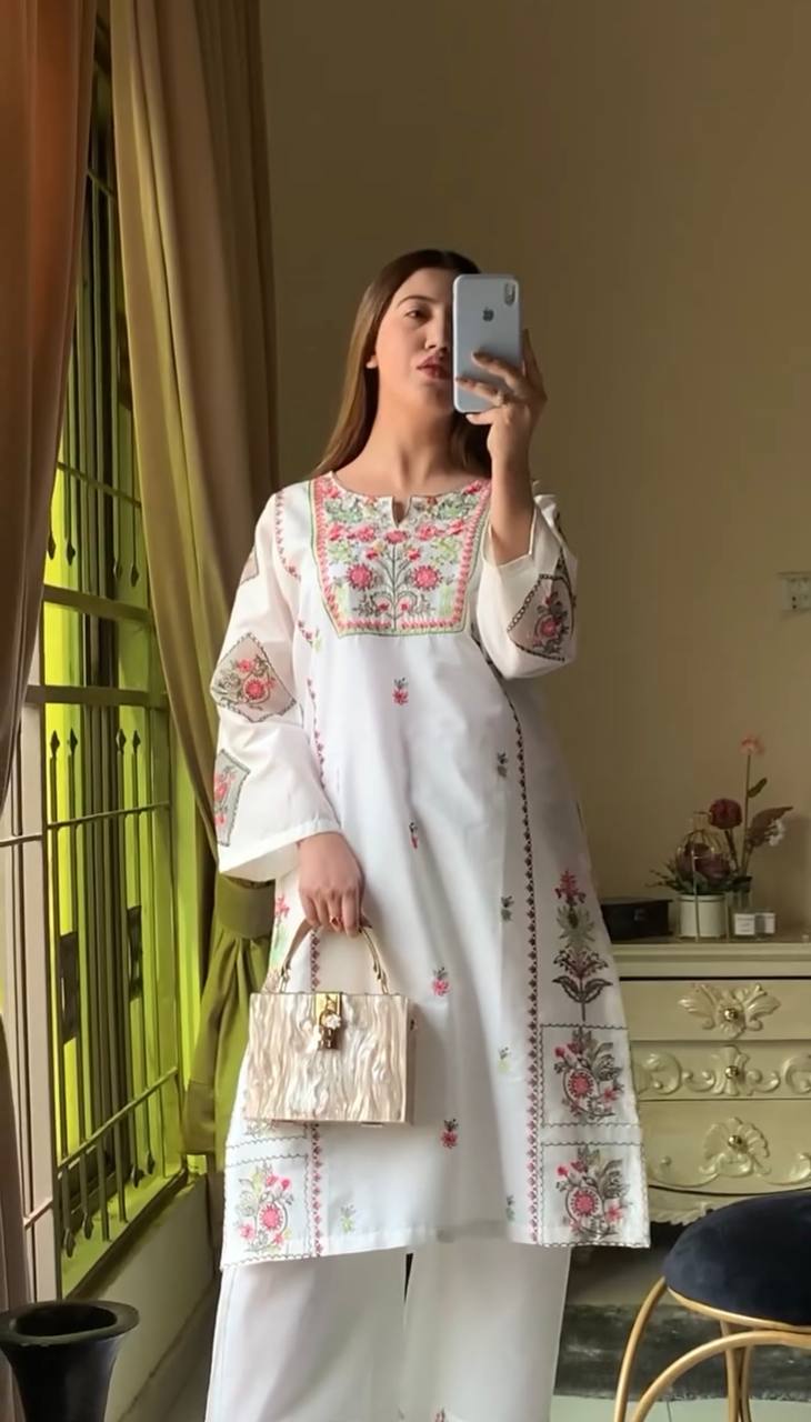 Exclusive White Color Heavy Rayon Silk With Heavy Embroidery Work Palazzo Suit