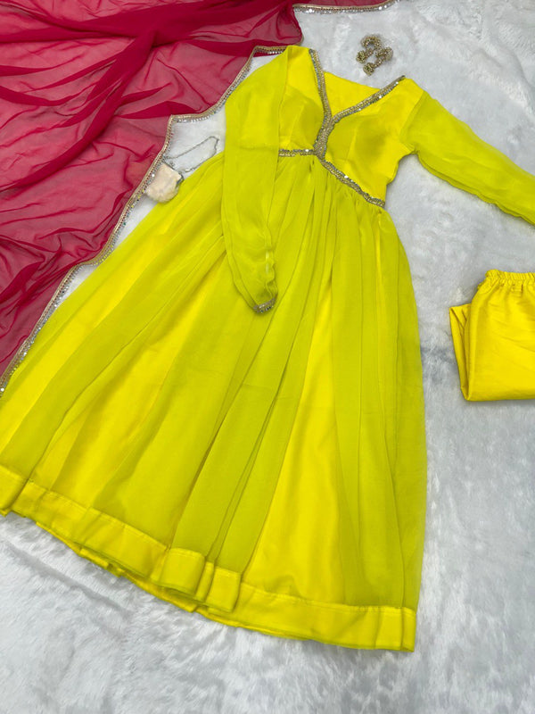 Casaul Wear Lemon Yellow Color Georgette Beautiful Anarkali Suit