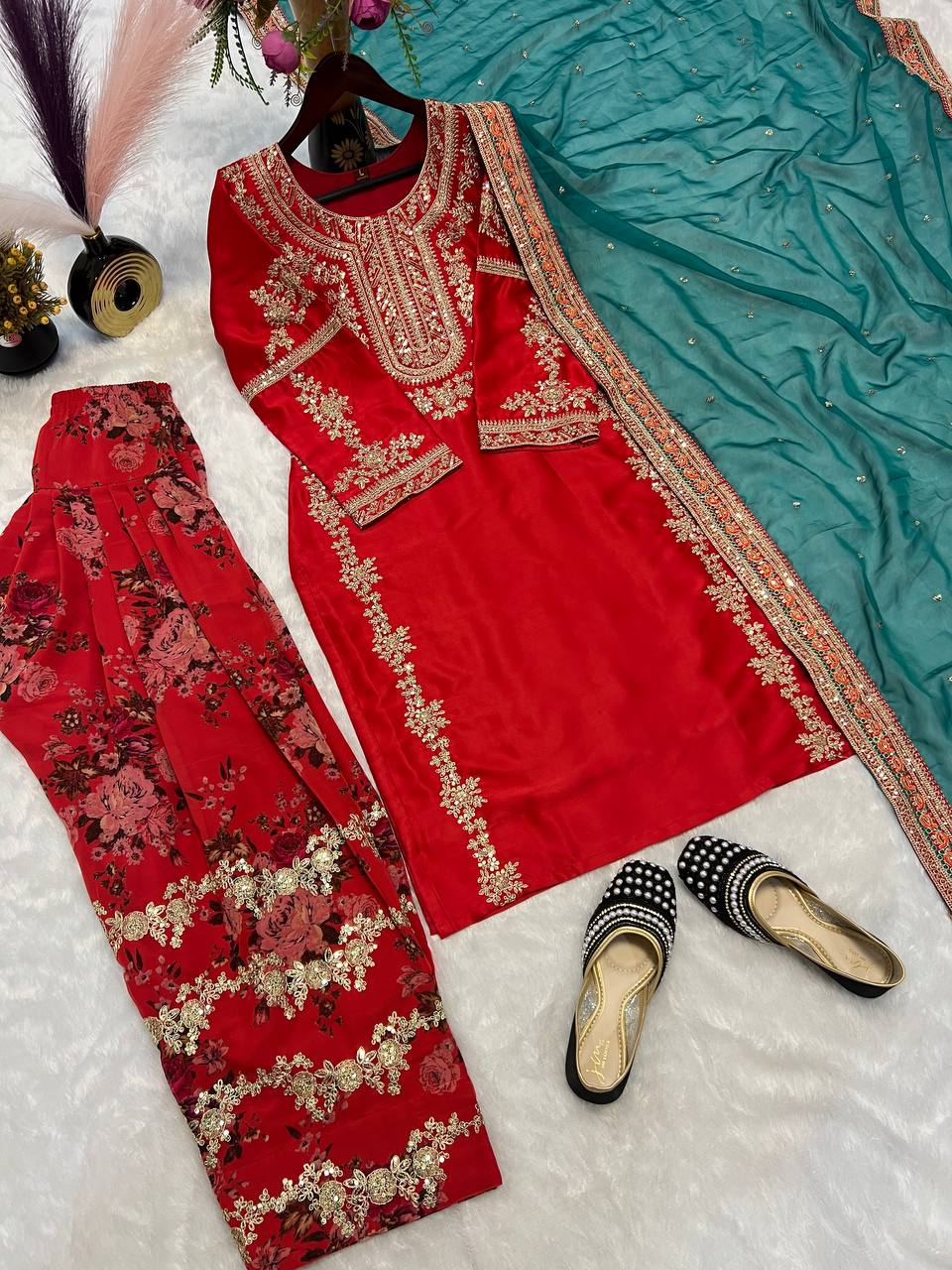 Ceremony Wear Red Color Heavy Malay Silk With With Sequence Embroidery Work Salwar Suit