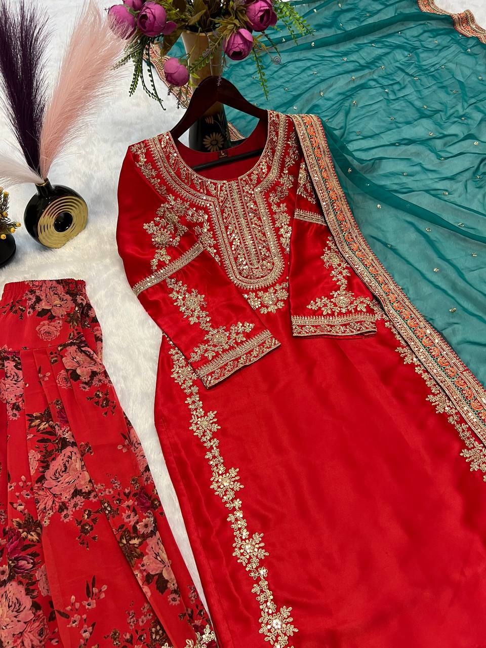 Ceremony Wear Red Color Heavy Malay Silk With With Sequence Embroidery Work Salwar Suit