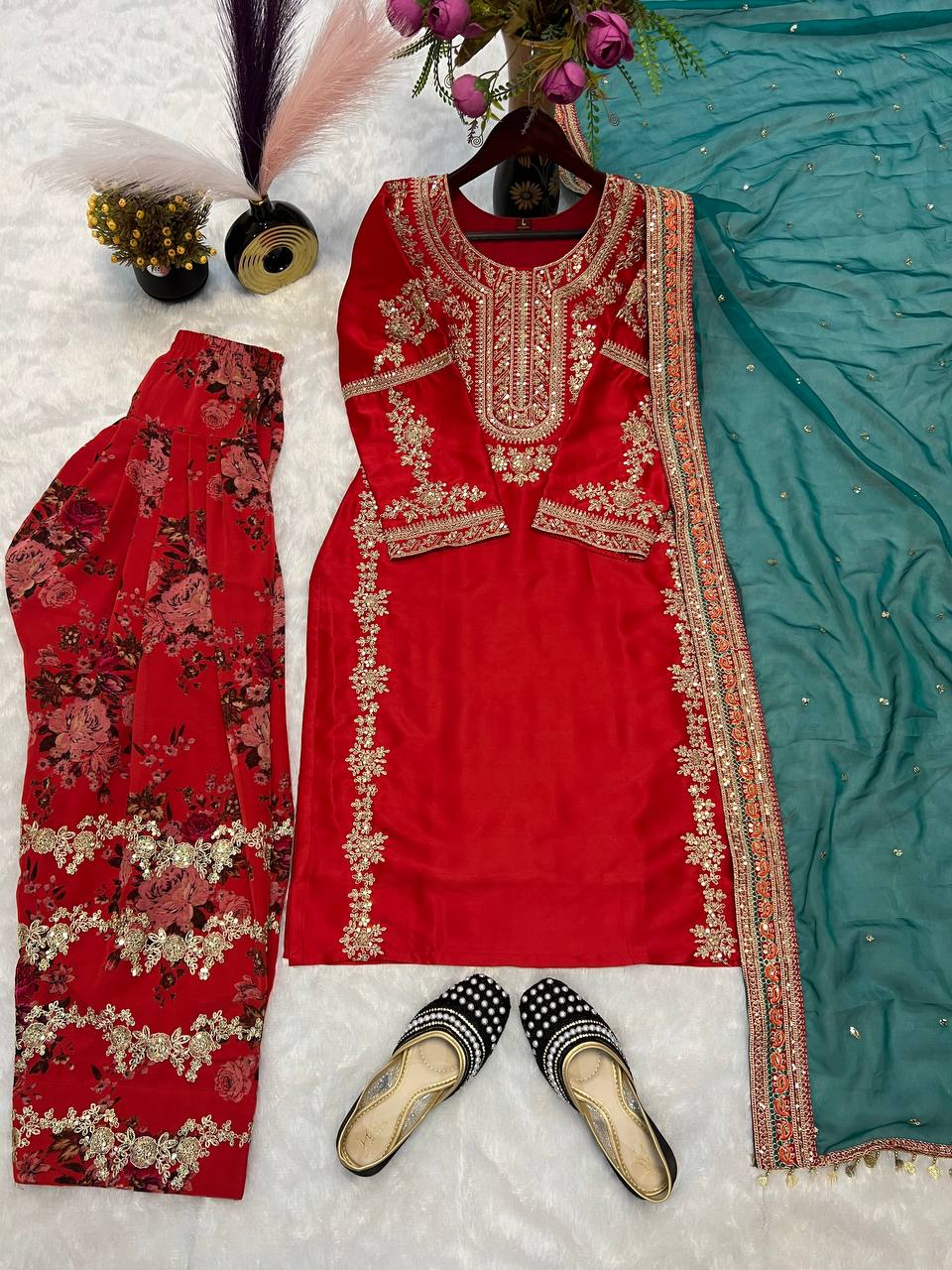 Ceremony Wear Red Color Heavy Malay Silk With With Sequence Embroidery Work Salwar Suit
