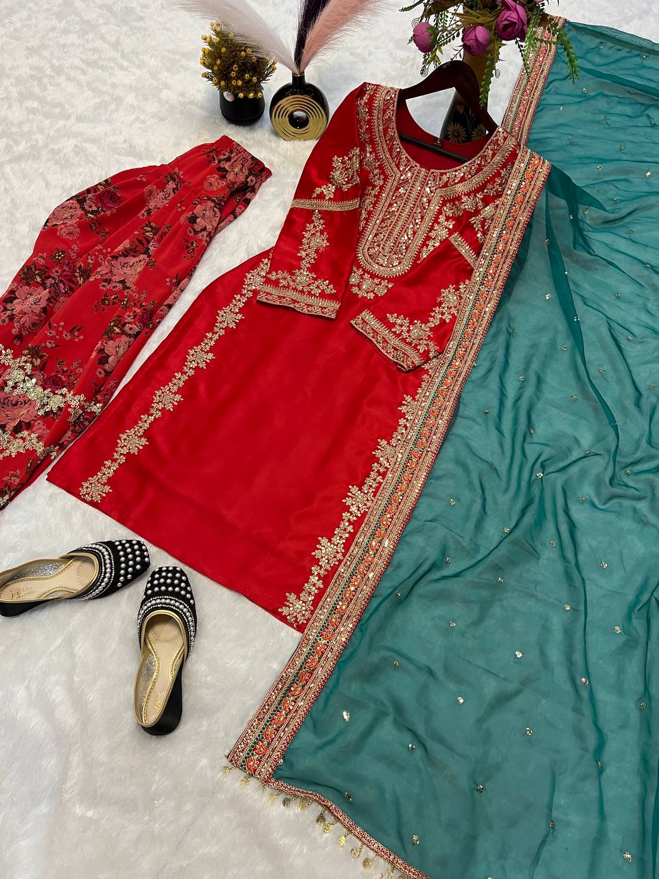 Ceremony Wear Red Color Heavy Malay Silk With With Sequence Embroidery Work Salwar Suit