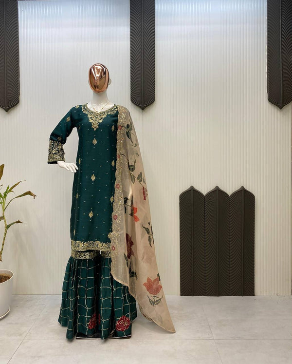Engagement Wear Green Color Chinon With Sequence Embroidery Work Sharara Suit