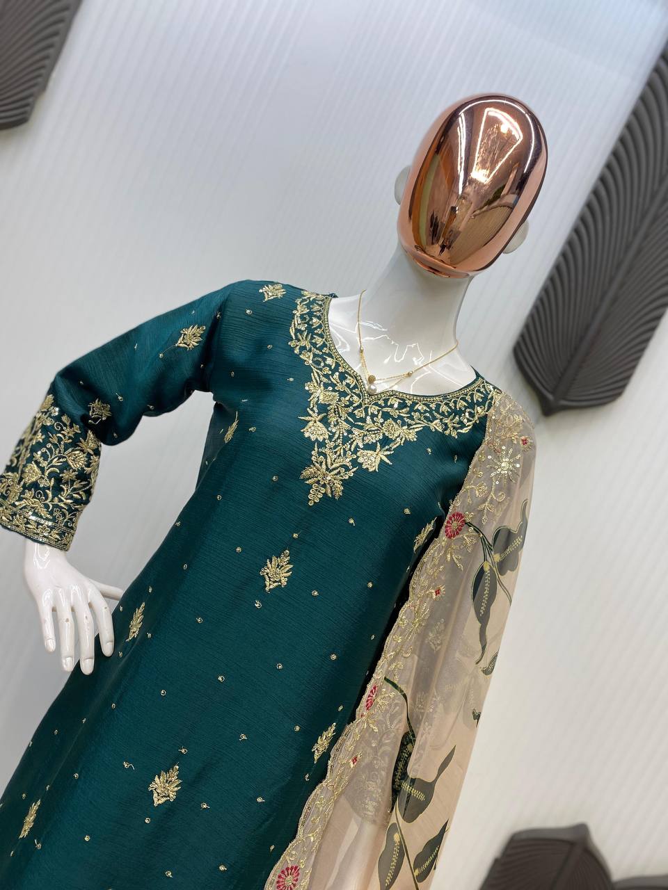Engagement Wear Green Color Chinon With Sequence Embroidery Work Sharara Suit
