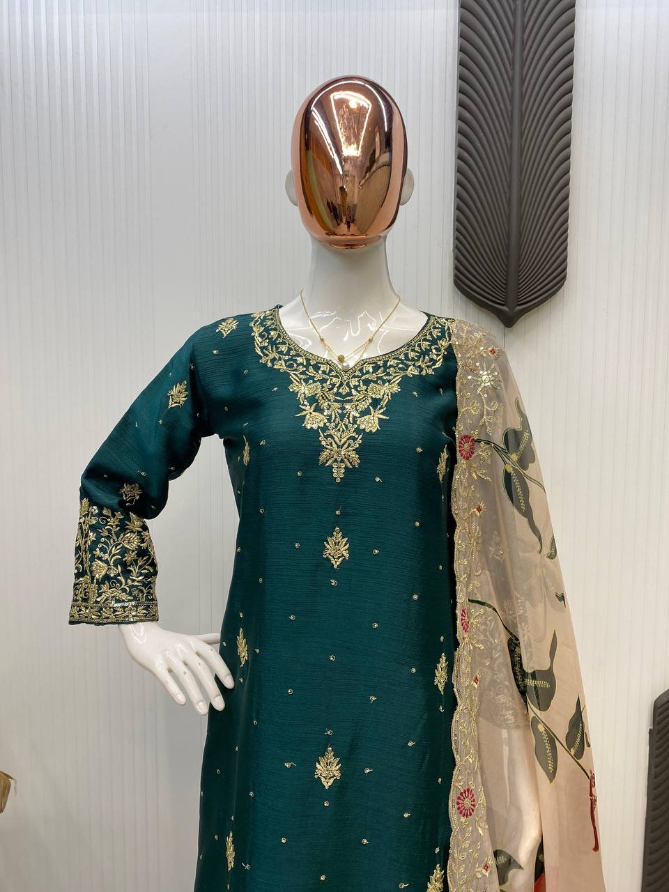 Engagement Wear Green Color Chinon With Sequence Embroidery Work Sharara Suit
