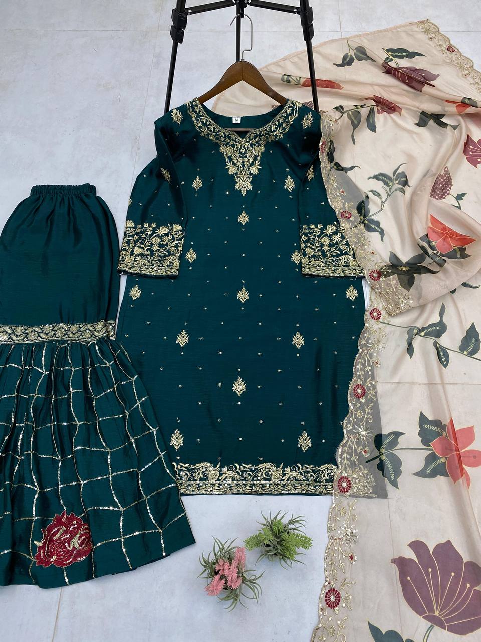Engagement Wear Green Color Chinon With Sequence Embroidery Work Sharara Suit