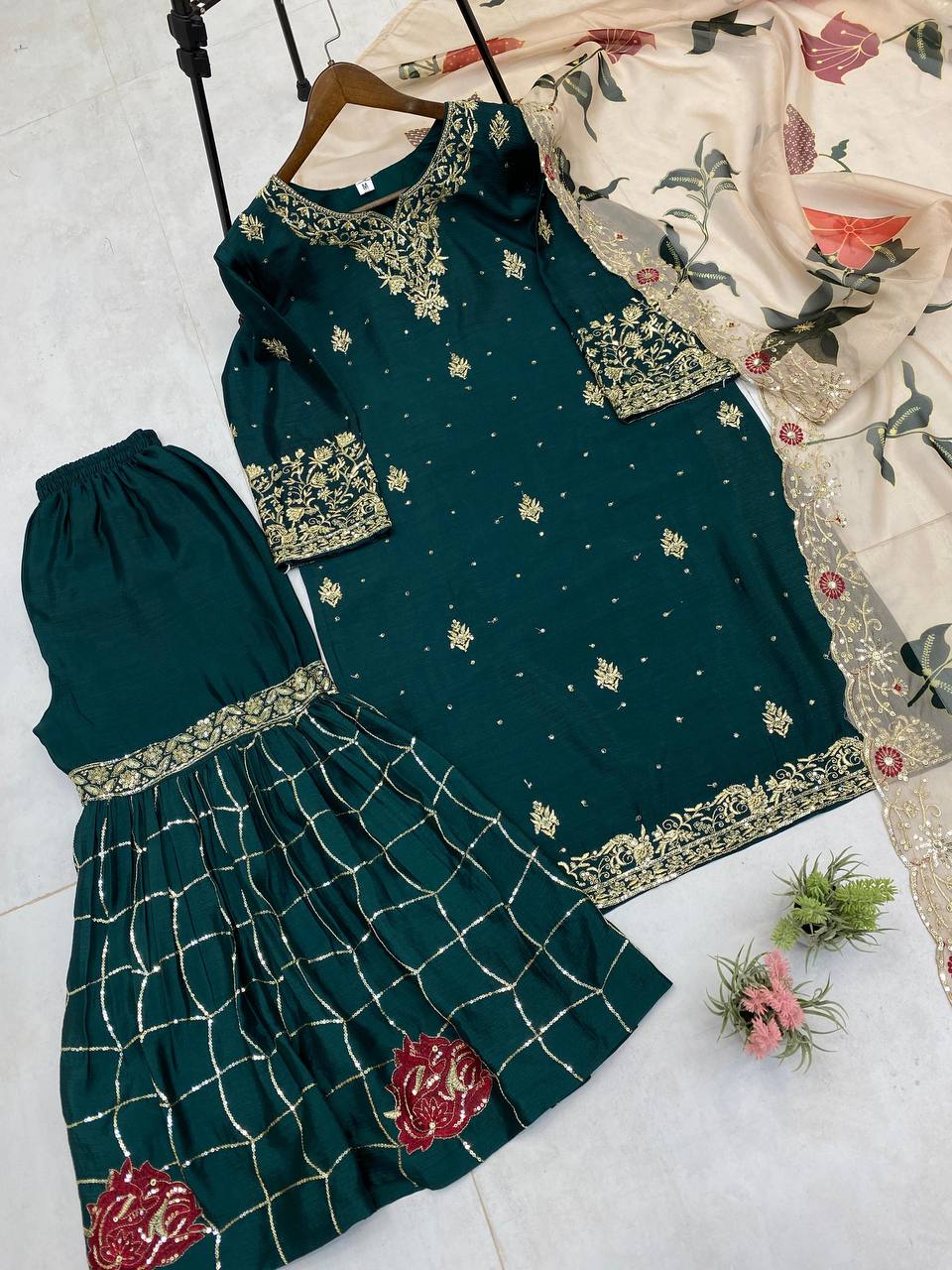 Engagement Wear Green Color Chinon With Sequence Embroidery Work Sharara Suit