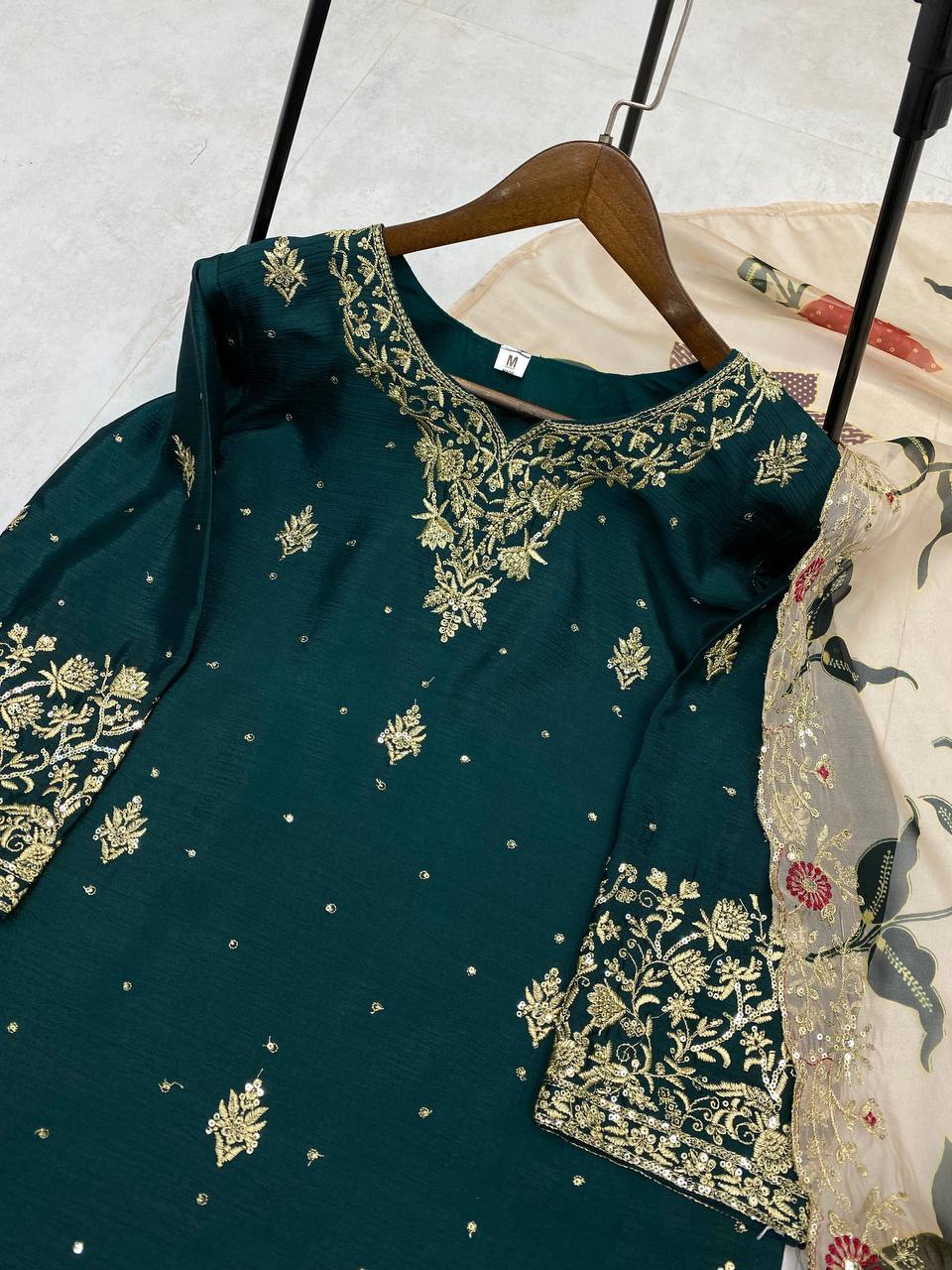 Engagement Wear Green Color Chinon With Sequence Embroidery Work Sharara Suit