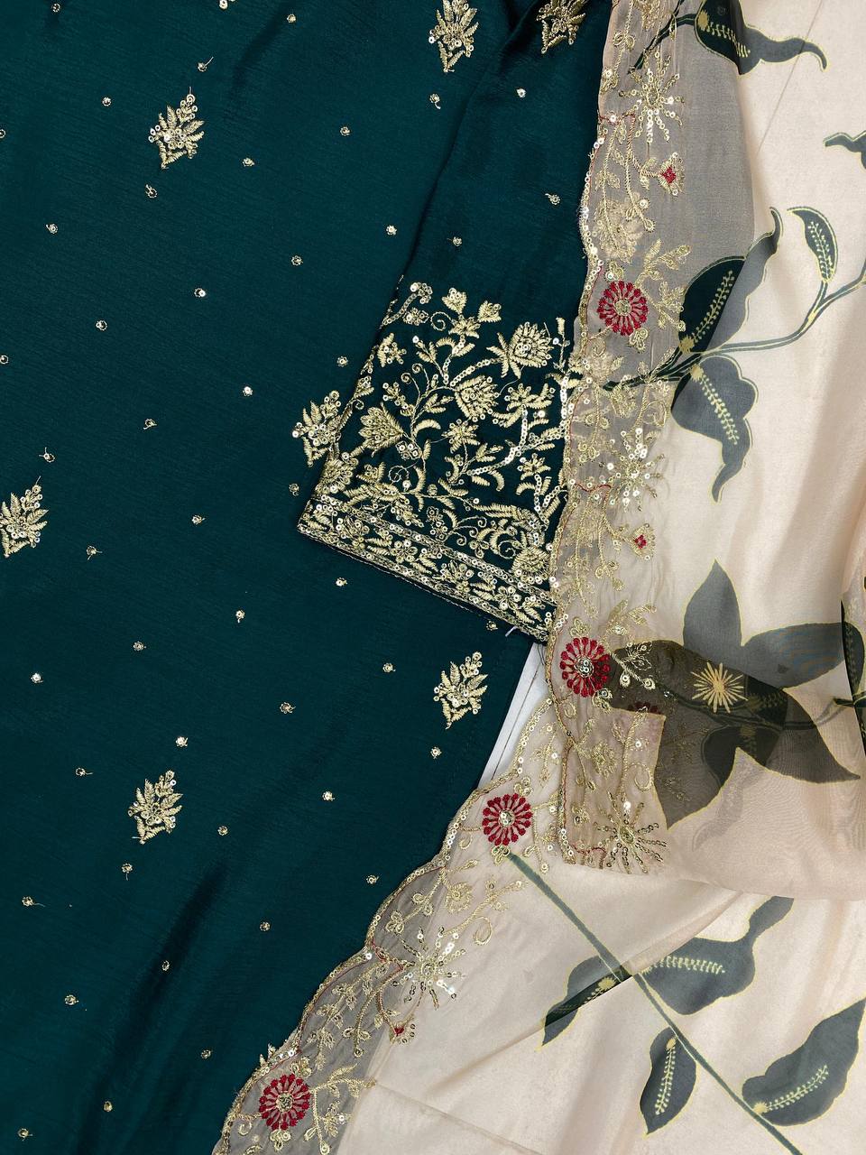 Engagement Wear Green Color Chinon With Sequence Embroidery Work Sharara Suit