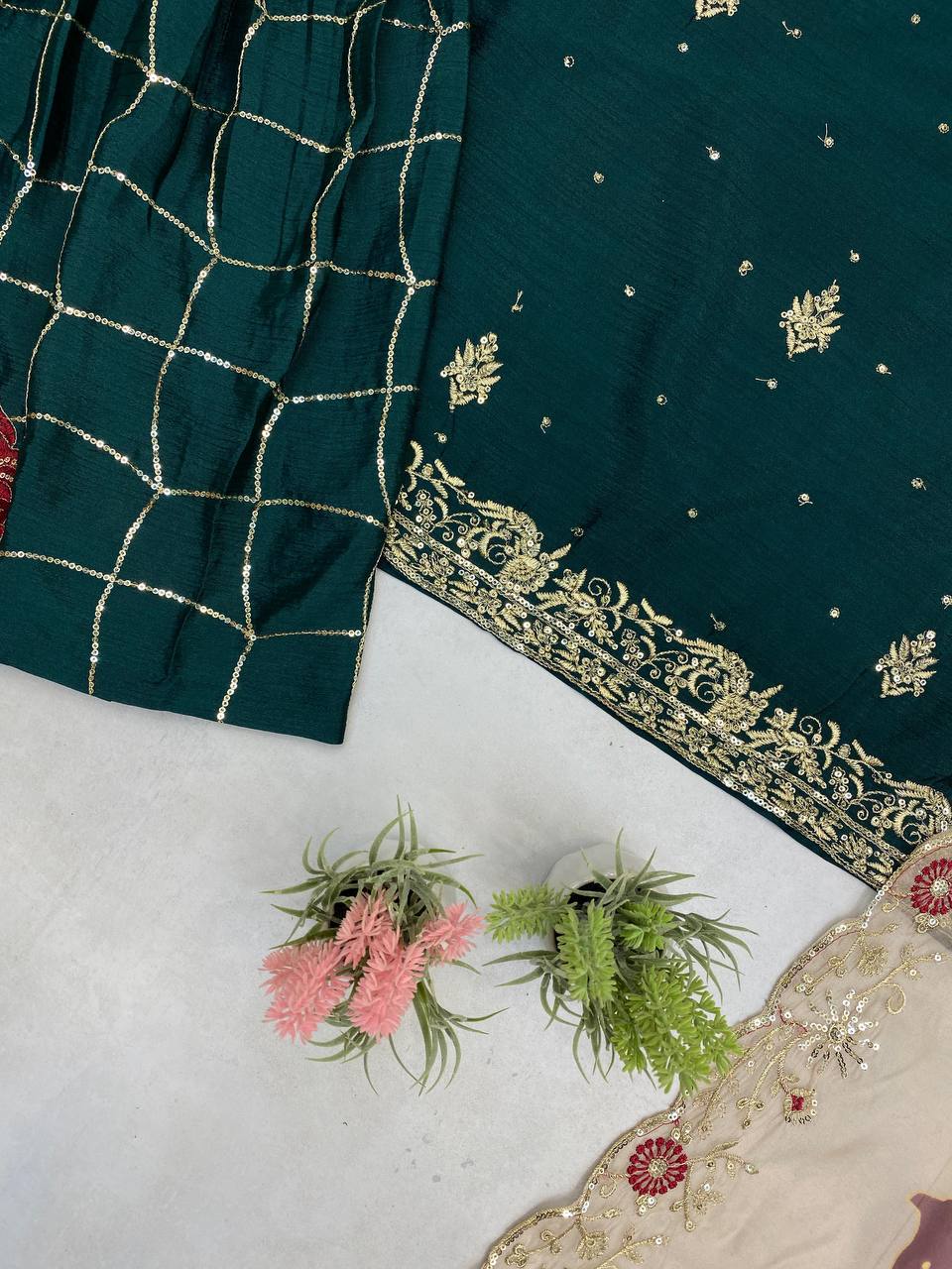Engagement Wear Green Color Chinon With Sequence Embroidery Work Sharara Suit