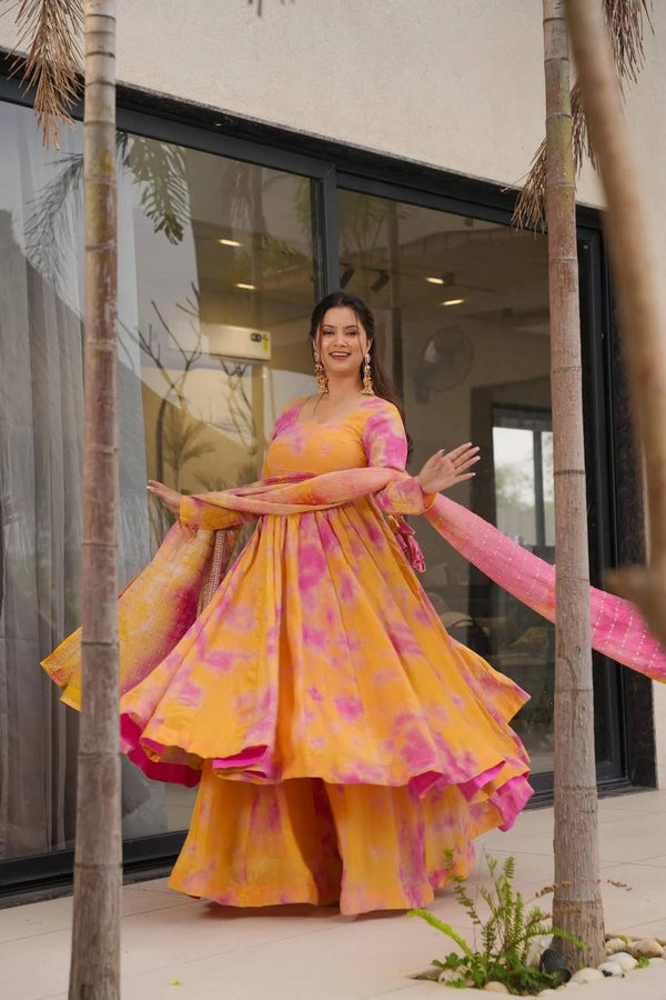 Bollywood Style Orange Color Vichitra Silk With Beautiful Digital Print Work Anarkali Palazzo suit