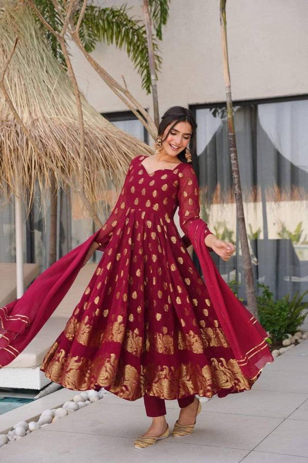 Elegant Jacquard Designer Anarkali Suit with Pants & Dupatta