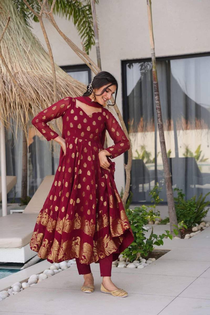 Elegant Jacquard Designer Anarkali Suit with Pants & Dupatta