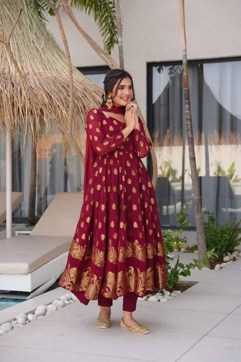 Elegant Jacquard Designer Anarkali Suit with Pants & Dupatta