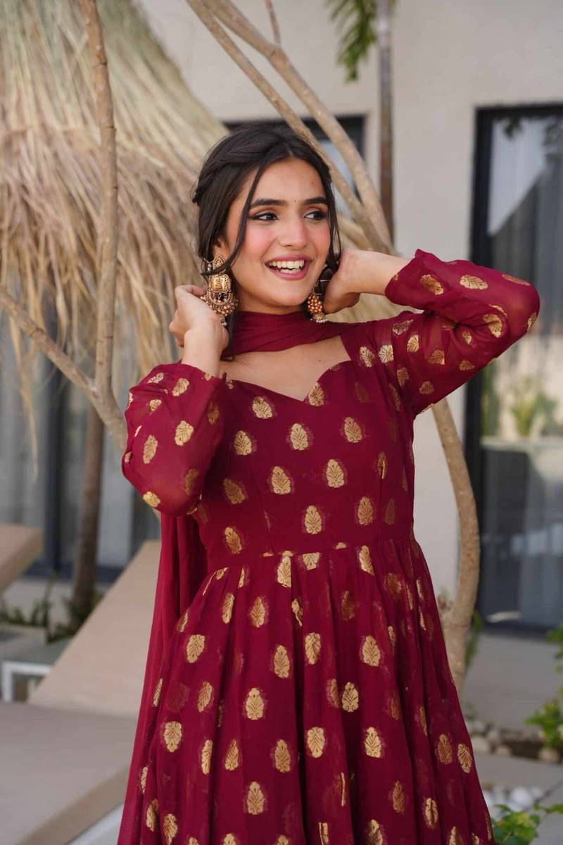 Elegant Jacquard Designer Anarkali Suit with Pants & Dupatta