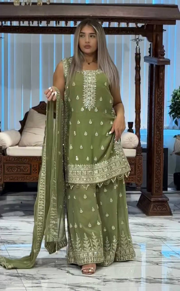 Mehndi Wear Heavy Faux Georgette 3-Piece Sharara Set