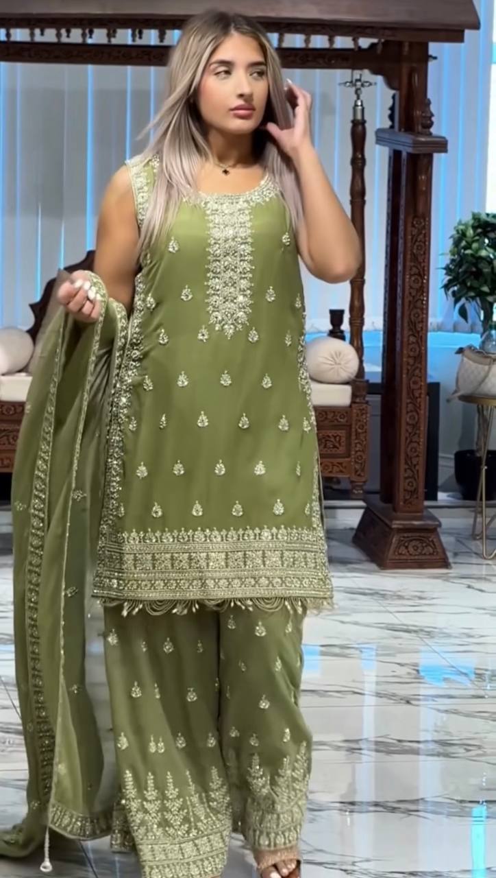 Mehndi Wear Heavy Faux Georgette 3-Piece Sharara Set