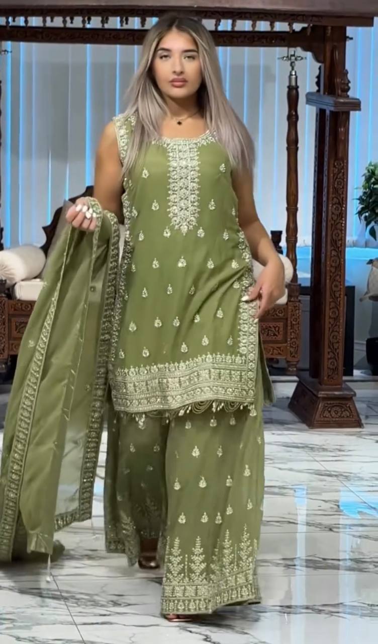 Mehndi Wear Heavy Faux Georgette 3-Piece Sharara Set