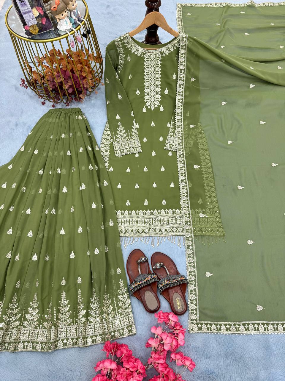 Mehndi Wear Heavy Faux Georgette 3-Piece Sharara Set