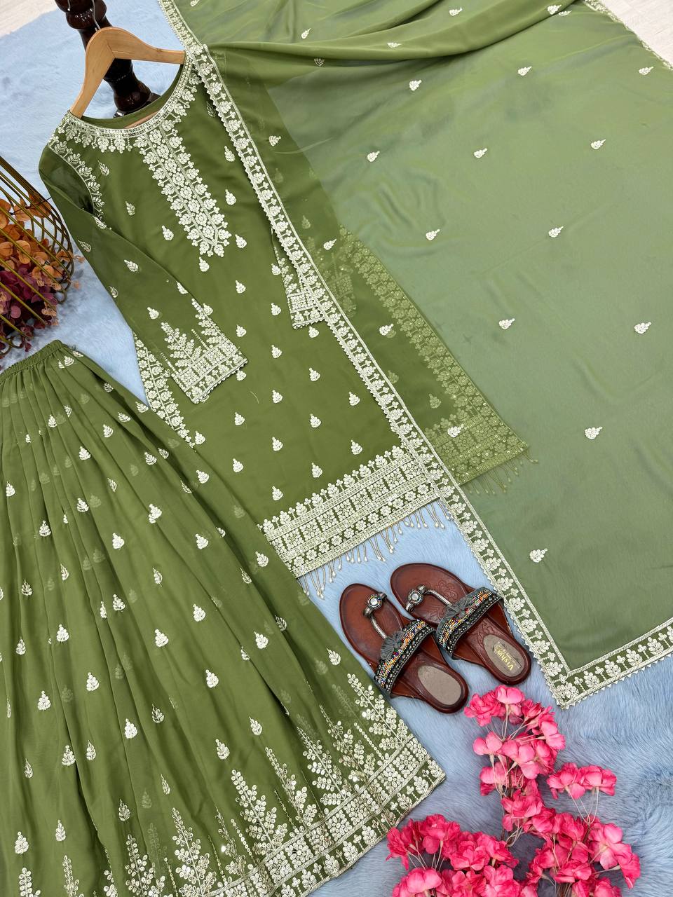 Mehndi Wear Heavy Faux Georgette 3-Piece Sharara Set