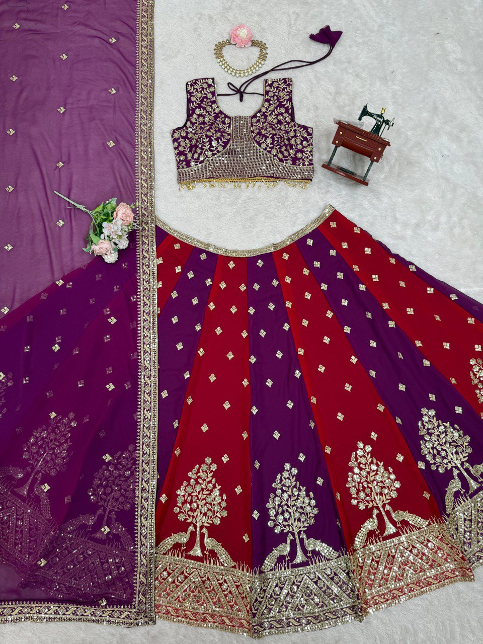 Wedding Wear Multi Color Faux Georgette And Thread With Sequence Lehenga Choli