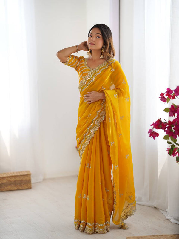 Exclusive Yellow Color Jimmy Chu And Thread With Sequence Work Saree
