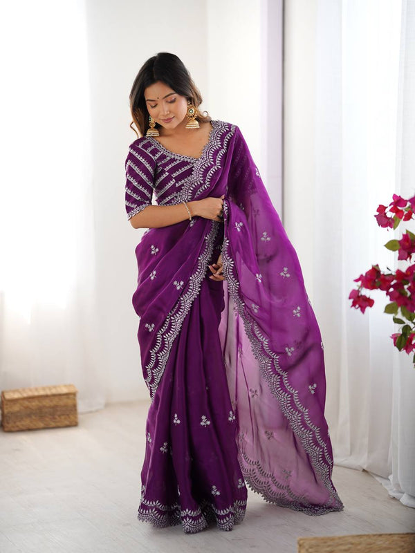 Exclusive Purple Color Jimmy Chu And Thread With Sequence Work Saree