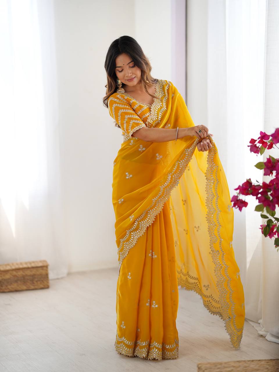 Exclusive Yellow Color Jimmy Chu And Thread With Sequence Work Saree