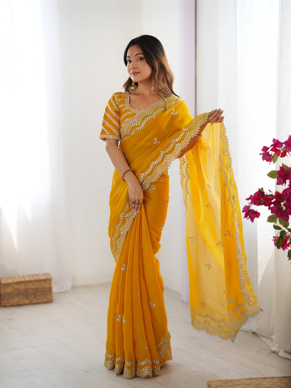 Exclusive Yellow Color Jimmy Chu And Thread With Sequence Work Saree