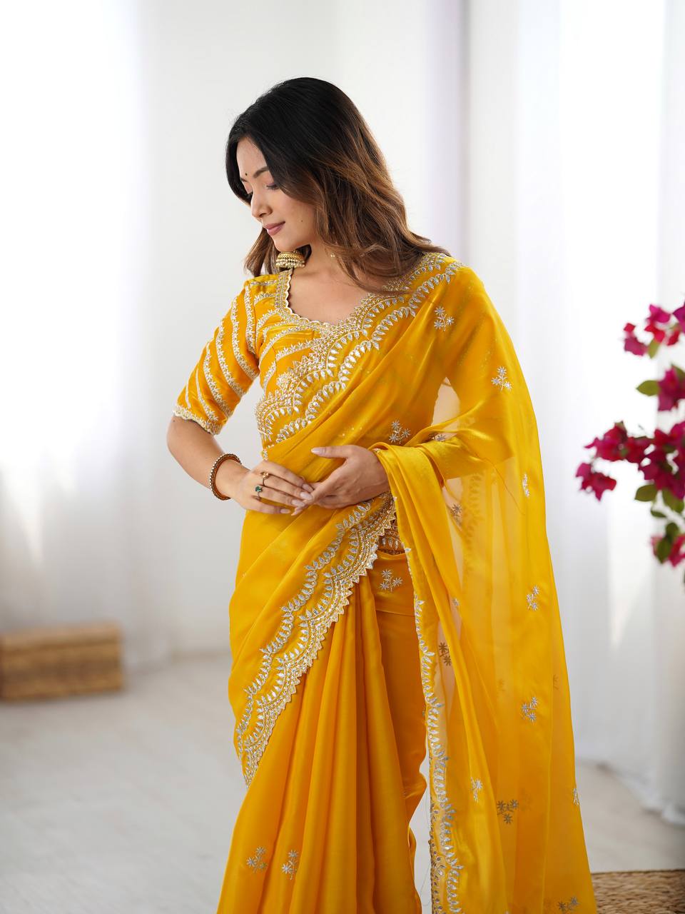 Exclusive Yellow Color Jimmy Chu And Thread With Sequence Work Saree