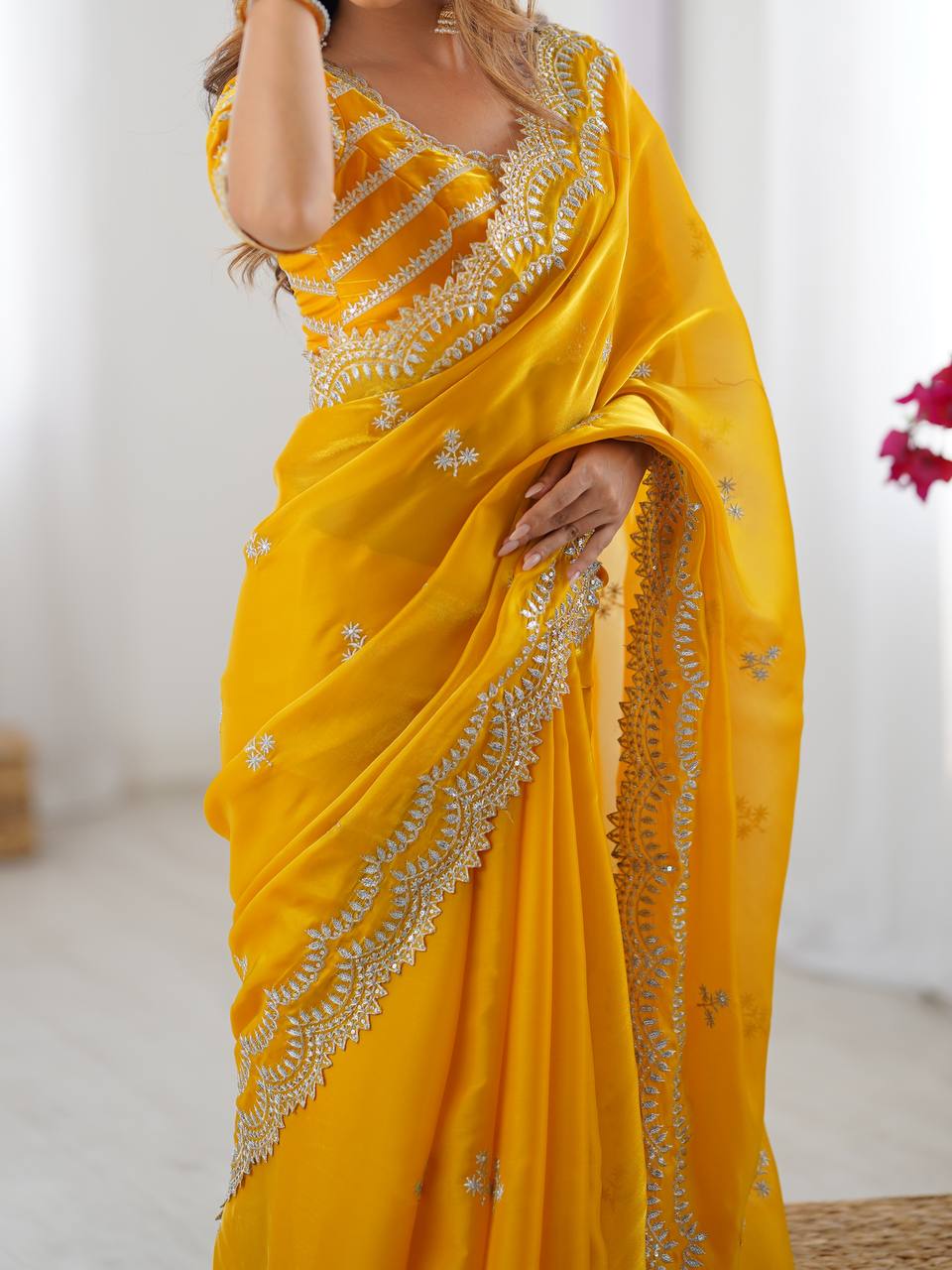 Exclusive Yellow Color Jimmy Chu And Thread With Sequence Work Saree