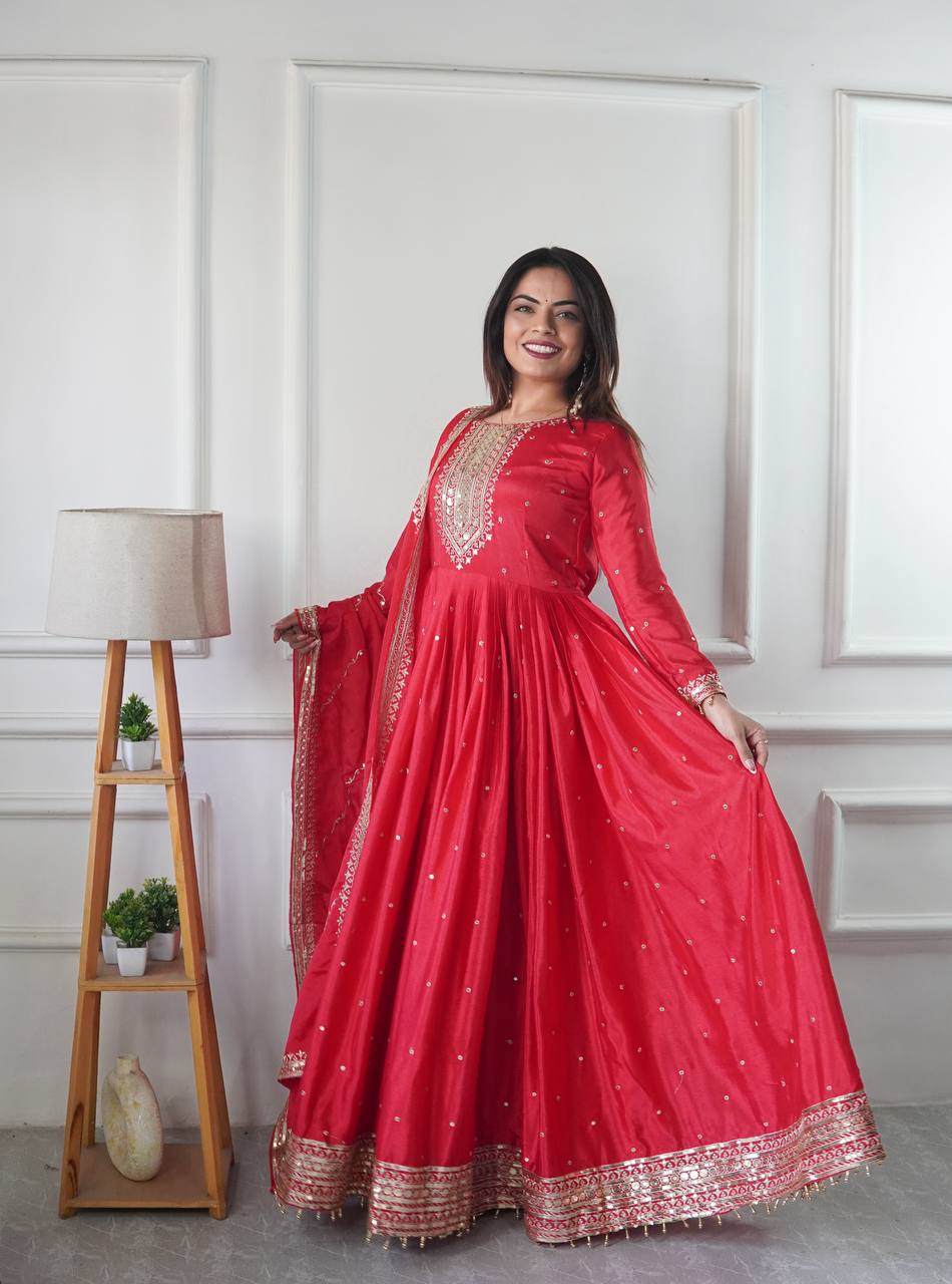 Stylish Red Color Sequence Embroidered Designer Gown