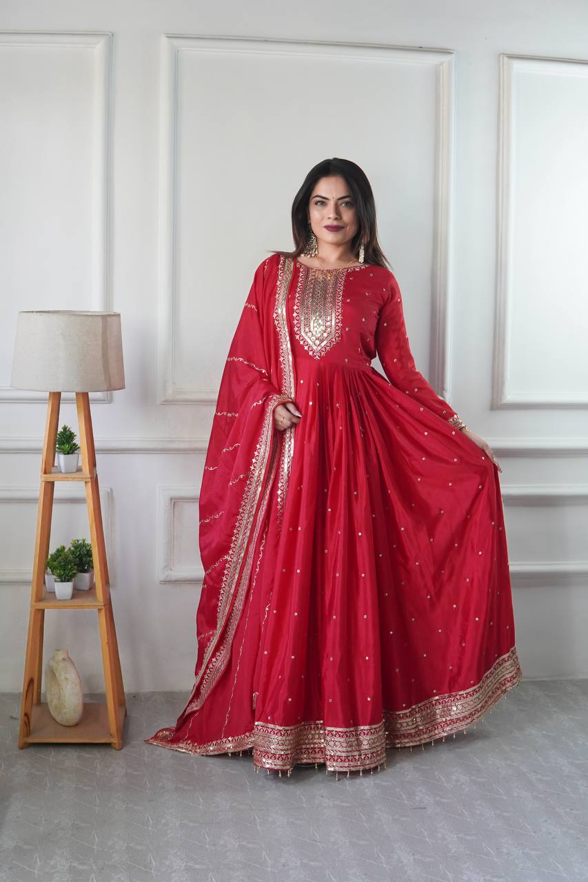 Stylish Red Color Sequence Embroidered Designer Gown