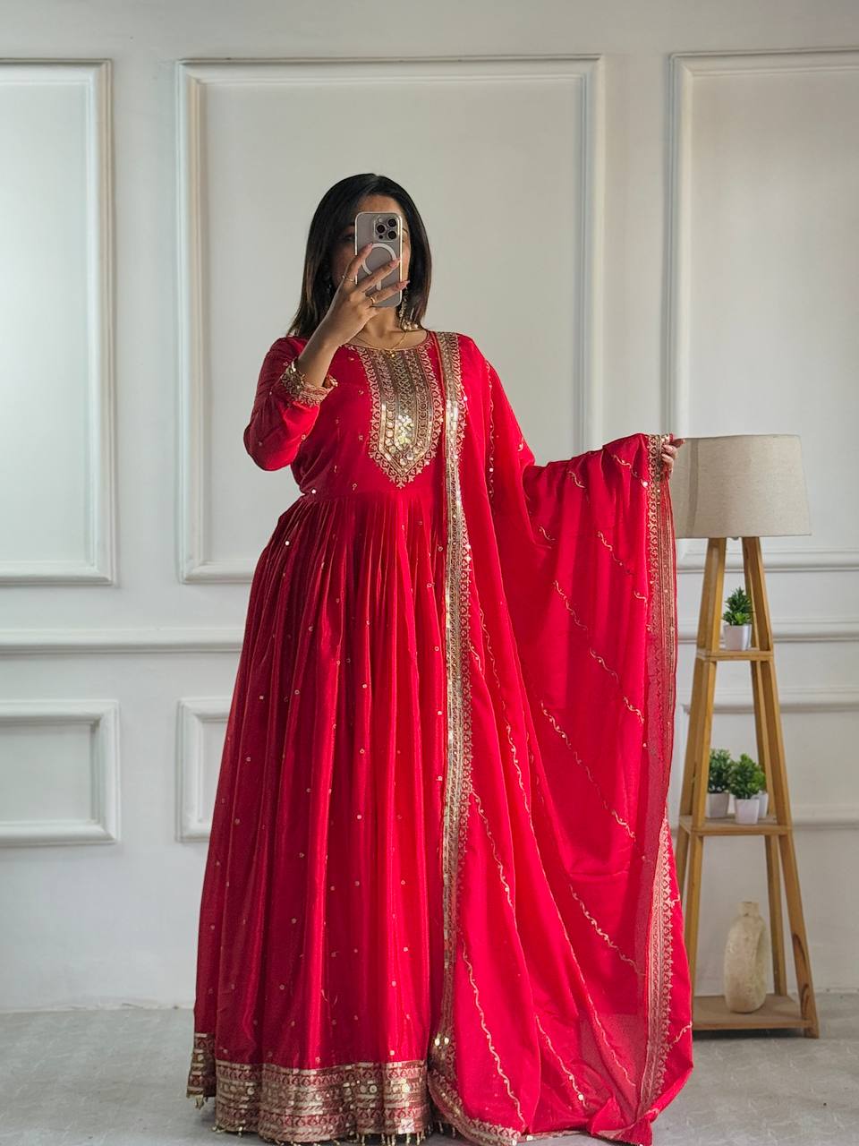 Stylish Red Color Sequence Embroidered Designer Gown