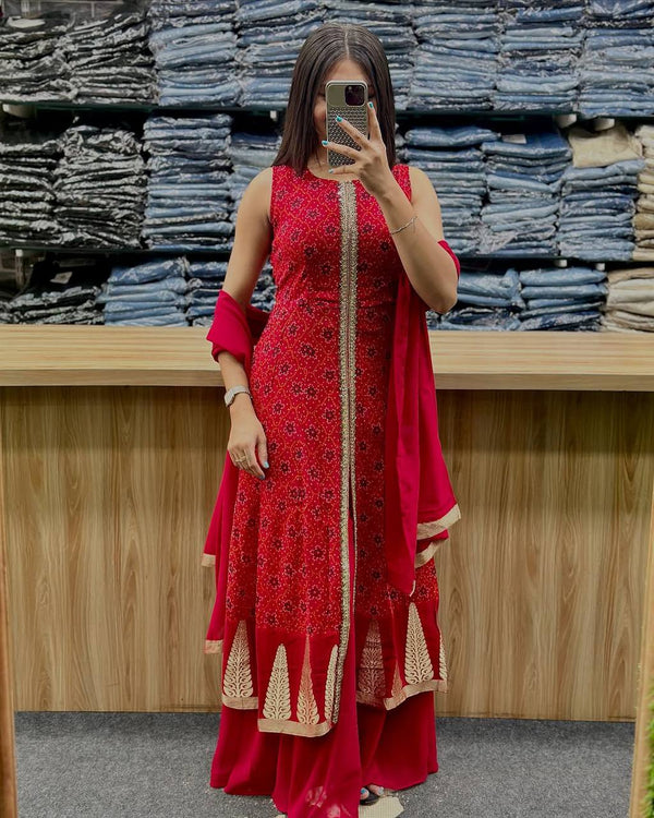 Stunning Red Color Heavy Faux Georgette Digital Print With Embroidery Work Palazzo Suit