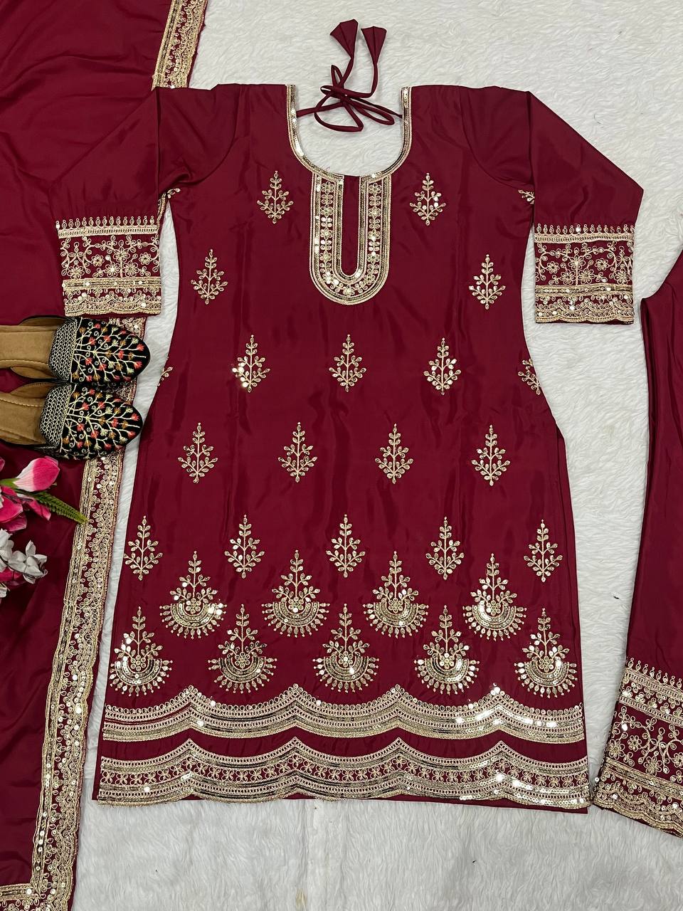 Stunning Maroon Color Natural Crepe Silk With Embroidery Coding Sequence Work Salwar Suit