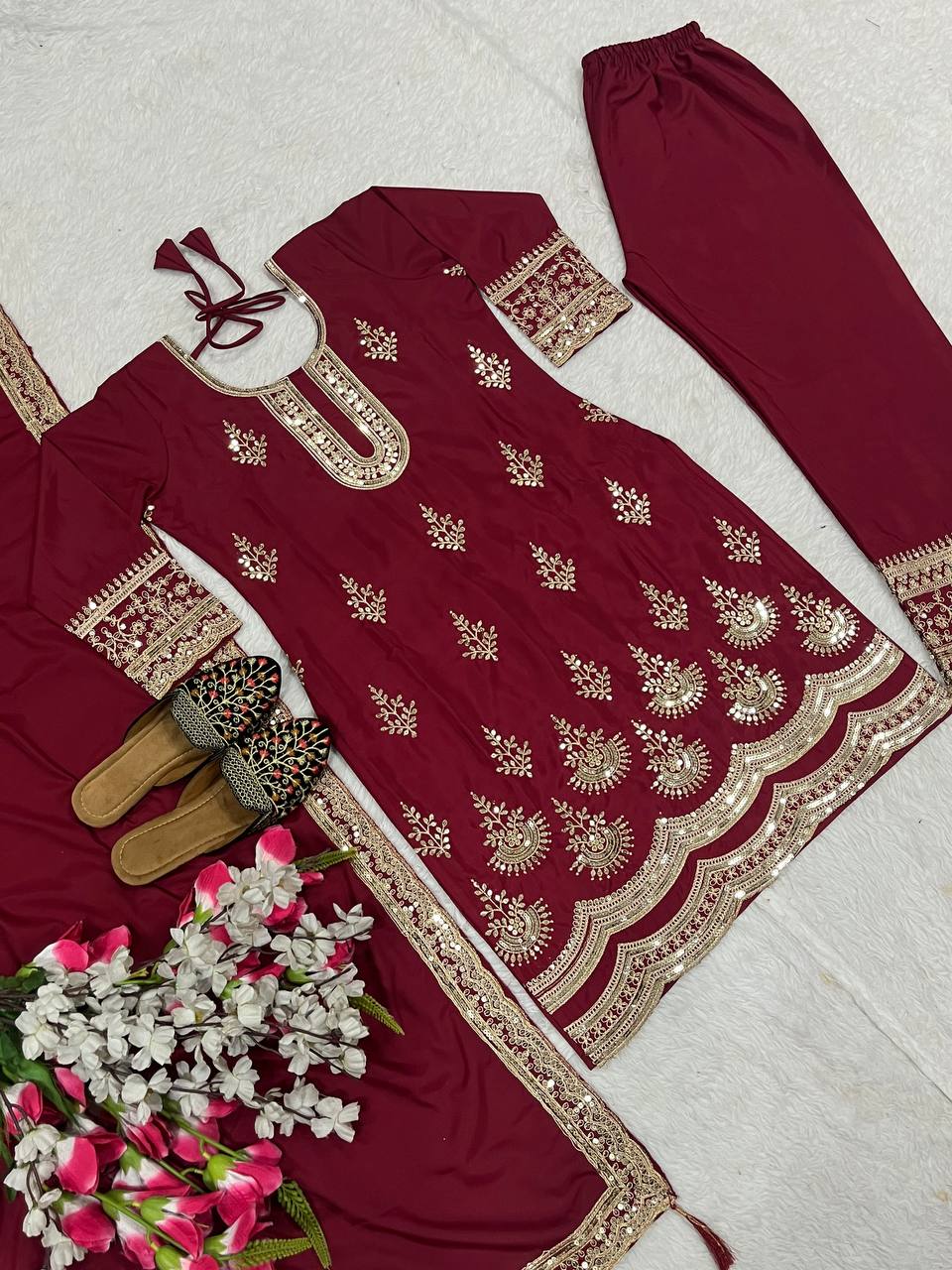 Stunning Maroon Color Natural Crepe Silk With Embroidery Coding Sequence Work Salwar Suit