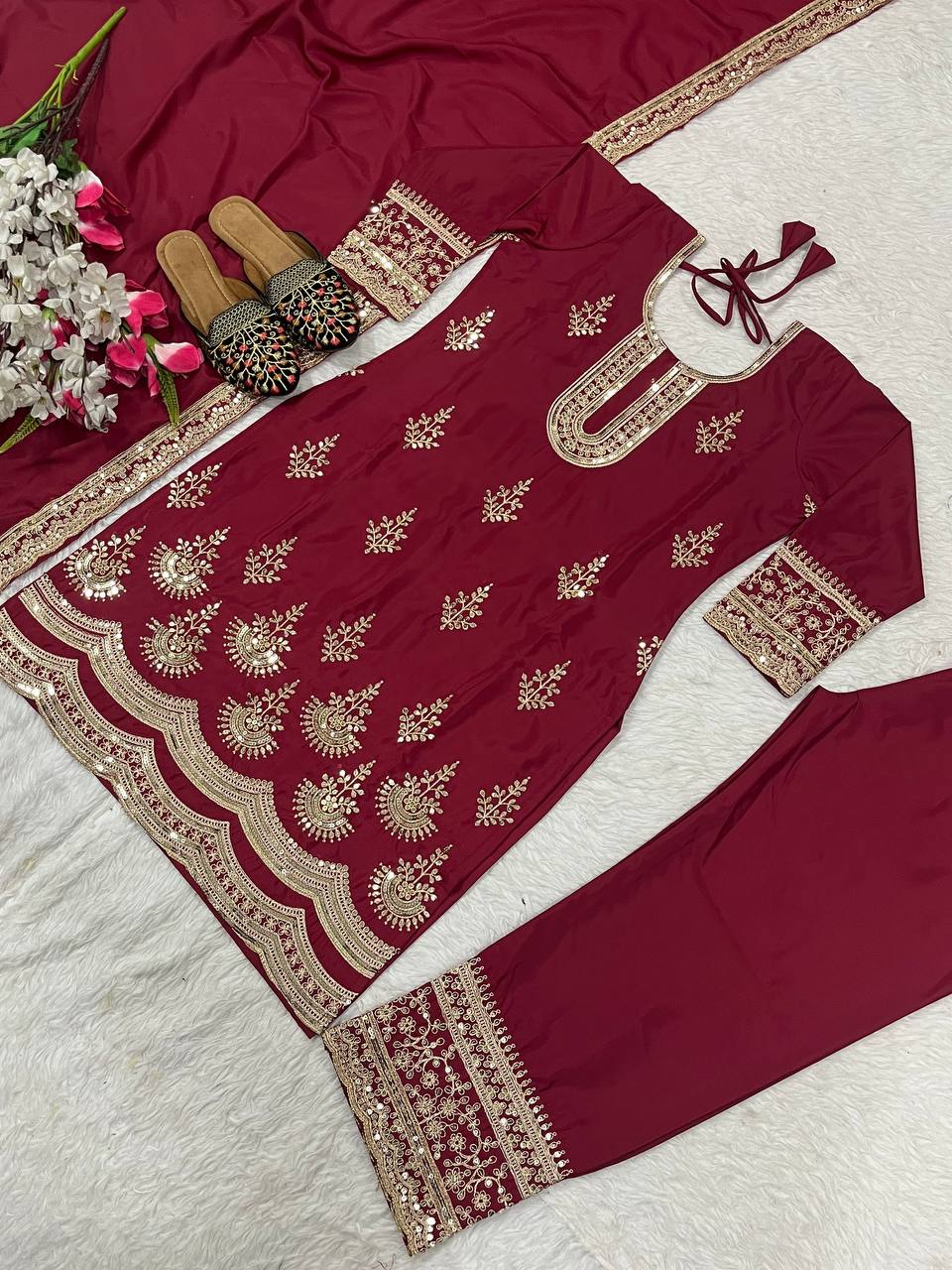 Stunning Maroon Color Natural Crepe Silk With Embroidery Coding Sequence Work Salwar Suit